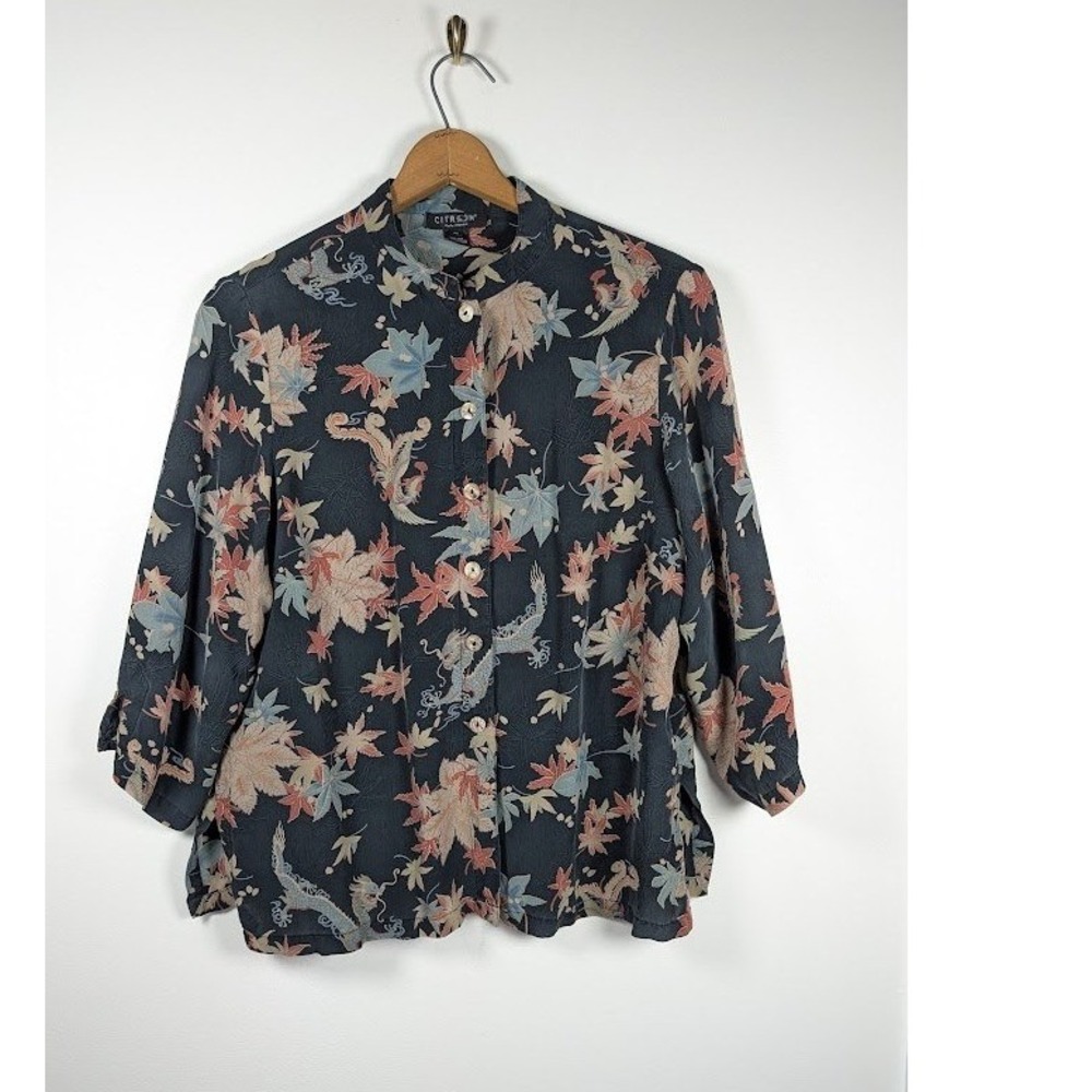 Citron Santa Monica Tunic Top Size XL 100% Silk Dragon Phoenix Kimono Artsy Boho